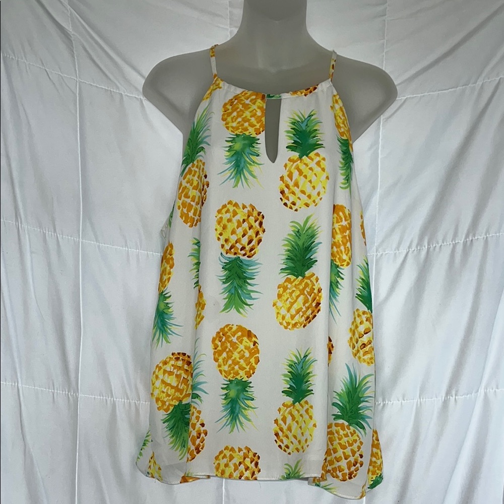 Finn & Grace Pineapple Print Flowy Georgette Tank Top | Large | Tropical Vibes